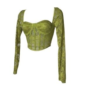 Medium Olive Green Lace Corset Long Sleeve Crop Top Bustier Corset Mesh Panel